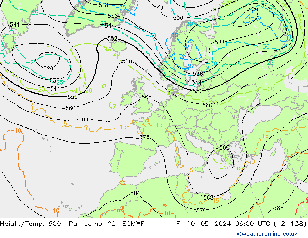 Geop./Temp. 500 hPa ECMWF vie 10.05.2024 06 UTC