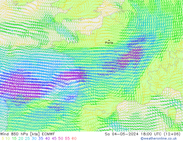 Vent 850 hPa ECMWF sam 04.05.2024 18 UTC