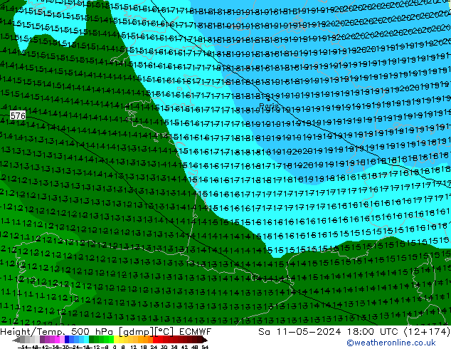 Z500/Rain (+SLP)/Z850 ECMWF Sáb 11.05.2024 18 UTC