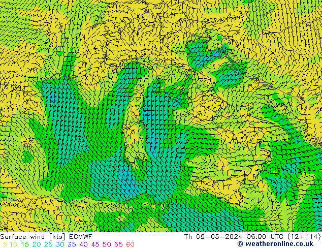 Vento 10 m ECMWF gio 09.05.2024 06 UTC