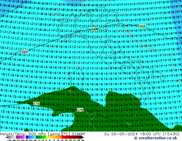 Z500/Yağmur (+YB)/Z850 ECMWF Paz 05.05.2024 18 UTC