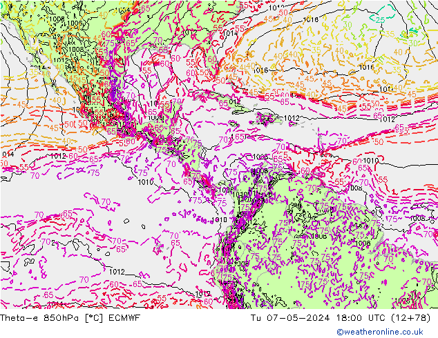 Theta-e 850hPa ECMWF Ter 07.05.2024 18 UTC