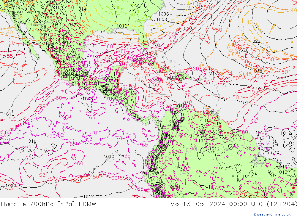Theta-e 700hPa ECMWF Mo 13.05.2024 00 UTC