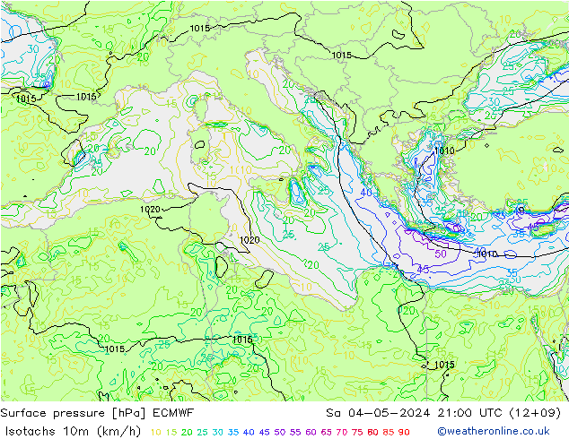 Izotacha (km/godz) ECMWF so. 04.05.2024 21 UTC