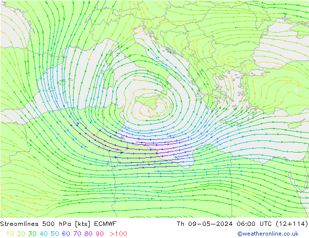 ветер 500 гПа ECMWF чт 09.05.2024 06 UTC