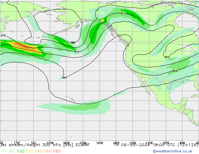 Jet stream/Height 300 hPa ECMWF Th 09.05.2024 18 UTC