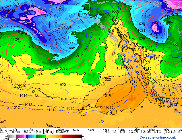 SLP/Temp. 850 hPa ECMWF Mo 13.05.2024 12 UTC