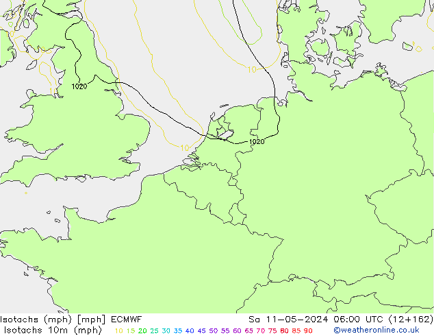 Isotachs (mph) ECMWF сб 11.05.2024 06 UTC
