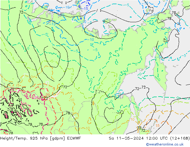 Height/Temp. 925 hPa ECMWF Sa 11.05.2024 12 UTC