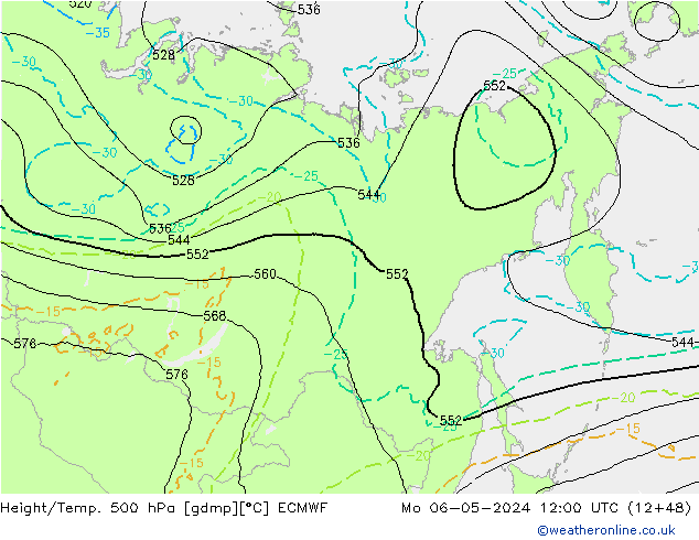 Height/Temp. 500 hPa ECMWF Seg 06.05.2024 12 UTC