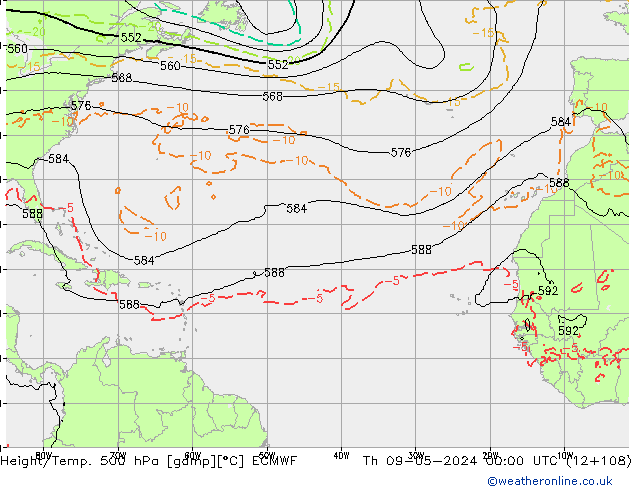 Z500/Rain (+SLP)/Z850 ECMWF Čt 09.05.2024 00 UTC