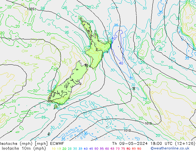 Izotacha (mph) ECMWF czw. 09.05.2024 18 UTC