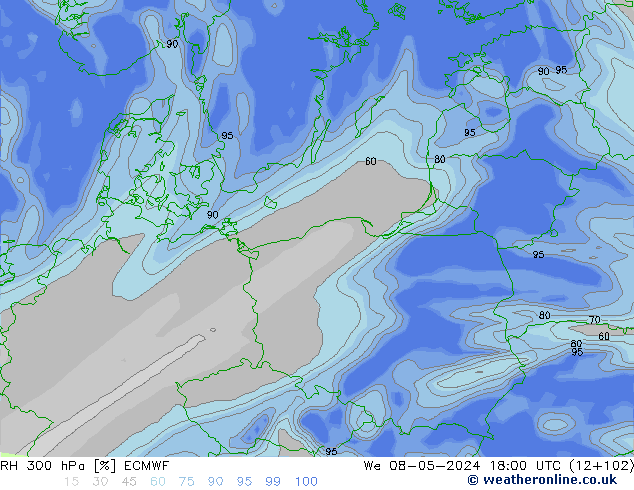 300 hPa Nispi Nem ECMWF Çar 08.05.2024 18 UTC