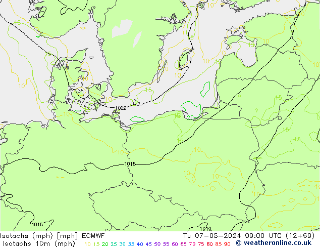 Isotachs (mph) ECMWF вт 07.05.2024 09 UTC