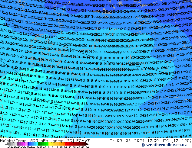 Height/Temp. 500 hPa ECMWF Qui 09.05.2024 12 UTC