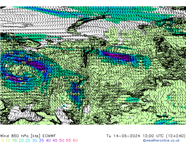 Wind 850 hPa ECMWF Tu 14.05.2024 12 UTC
