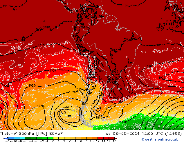 Theta-W 850hPa ECMWF mer 08.05.2024 12 UTC