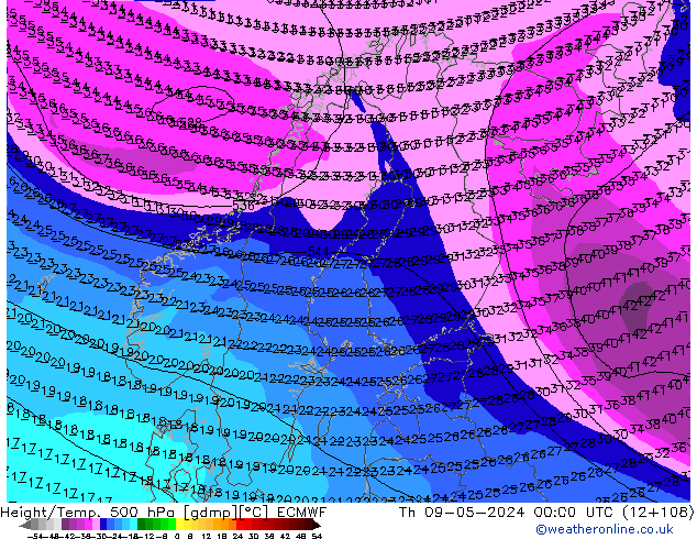 Z500/Rain (+SLP)/Z850 ECMWF Čt 09.05.2024 00 UTC