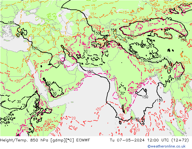 Hoogte/Temp. 850 hPa ECMWF di 07.05.2024 12 UTC