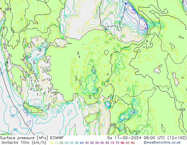 Isotachen (km/h) ECMWF za 11.05.2024 06 UTC