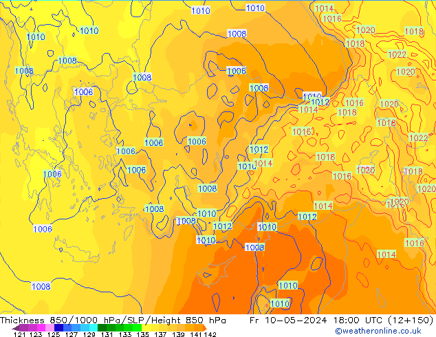 Espesor 850-1000 hPa ECMWF vie 10.05.2024 18 UTC