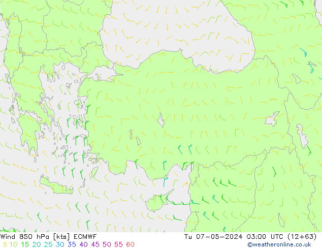 wiatr 850 hPa ECMWF wto. 07.05.2024 03 UTC