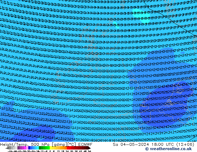 Hoogte/Temp. 500 hPa ECMWF za 04.05.2024 18 UTC