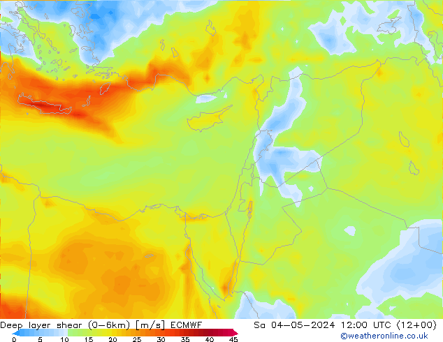 Deep layer shear (0-6km) ECMWF Cts 04.05.2024 12 UTC