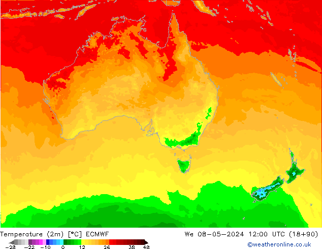 mapa temperatury (2m) ECMWF śro. 08.05.2024 12 UTC
