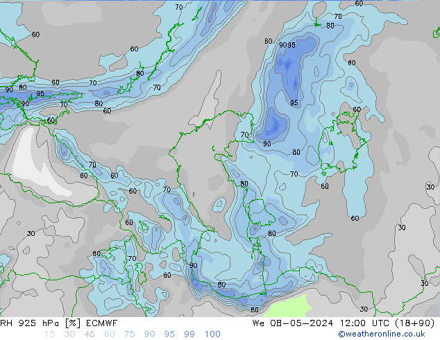 Humidité rel. 925 hPa ECMWF mer 08.05.2024 12 UTC
