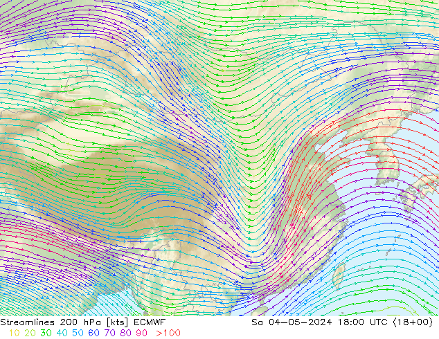 风 200 hPa ECMWF 星期六 04.05.2024 18 UTC