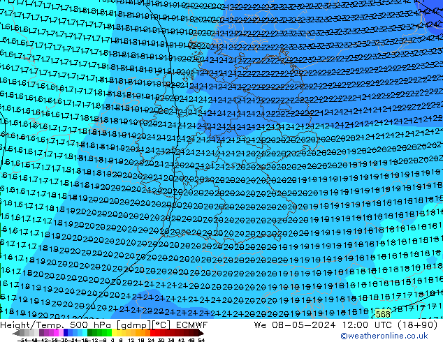 Height/Temp. 500 hPa ECMWF We 08.05.2024 12 UTC