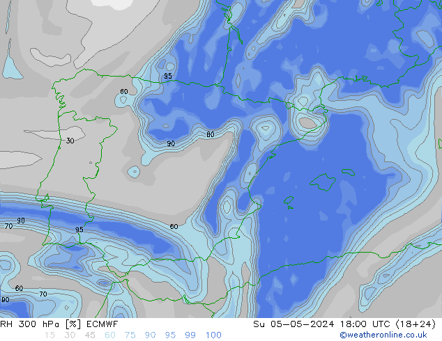 RH 300 hPa ECMWF dom 05.05.2024 18 UTC