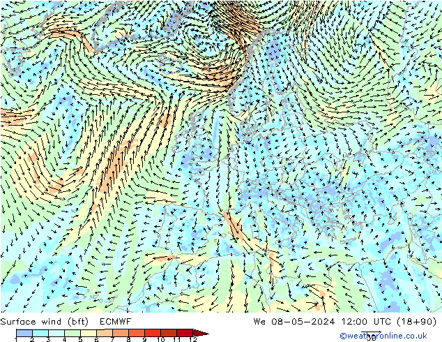 Surface wind (bft) ECMWF We 08.05.2024 12 UTC