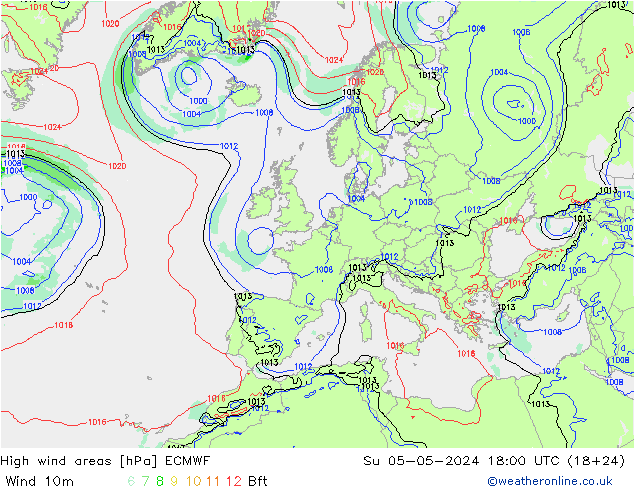 yüksek rüzgarlı alanlar ECMWF Paz 05.05.2024 18 UTC