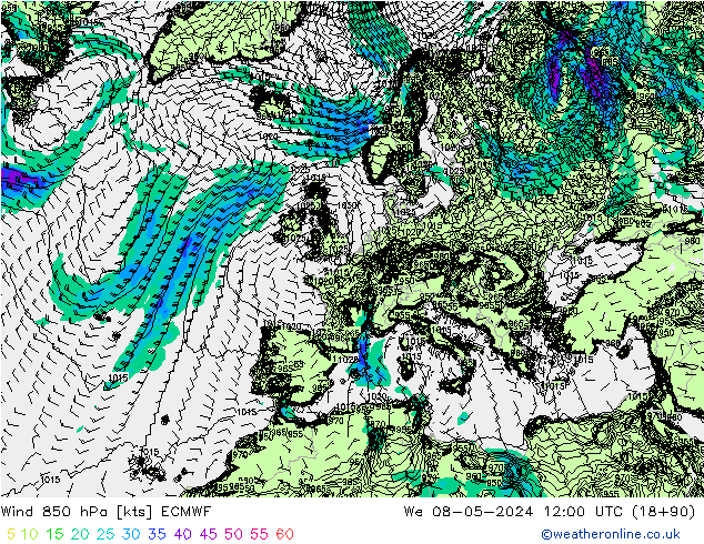Wind 850 hPa ECMWF We 08.05.2024 12 UTC