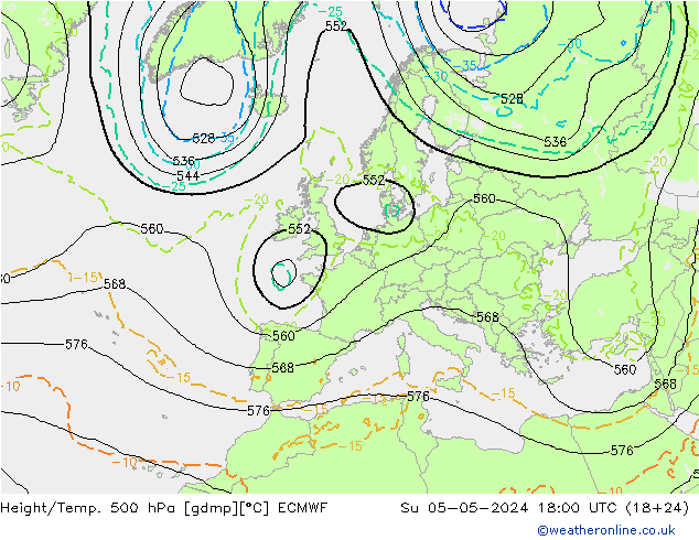 Z500/Rain (+SLP)/Z850 ECMWF Su 05.05.2024 18 UTC