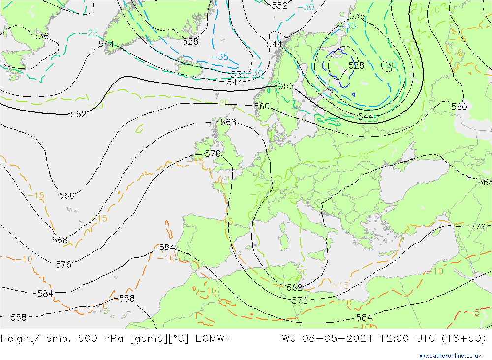 Height/Temp. 500 hPa ECMWF Mi 08.05.2024 12 UTC