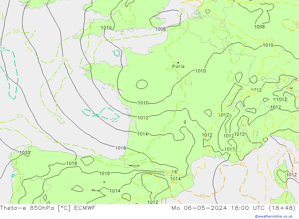 Theta-e 850hPa ECMWF Mo 06.05.2024 18 UTC