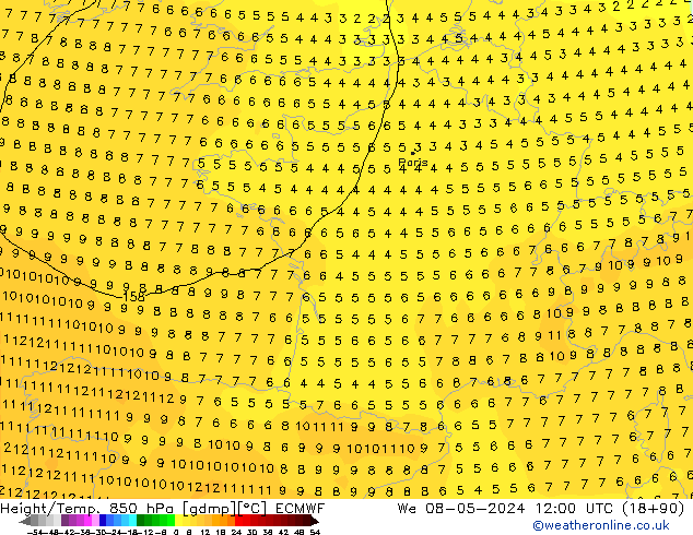 Z500/Rain (+SLP)/Z850 ECMWF mer 08.05.2024 12 UTC