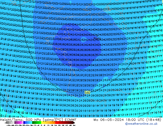 Z500/Rain (+SLP)/Z850 ECMWF Mo 06.05.2024 18 UTC