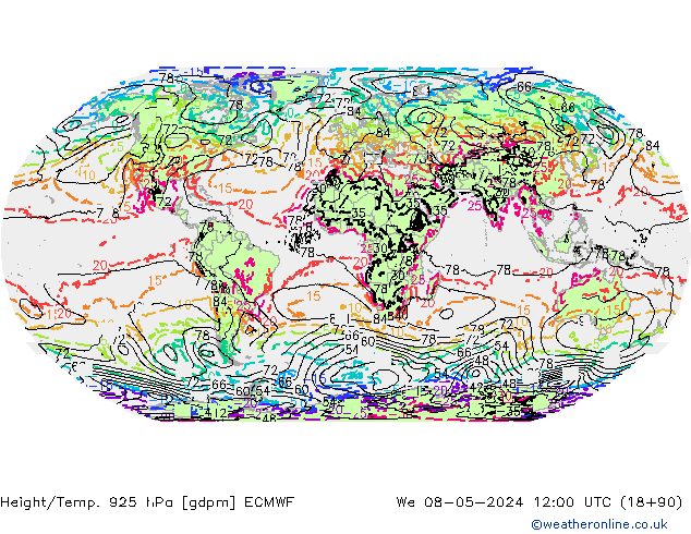 Hoogte/Temp. 925 hPa ECMWF wo 08.05.2024 12 UTC