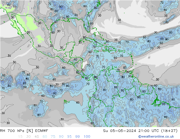 RH 700 hPa ECMWF nie. 05.05.2024 21 UTC