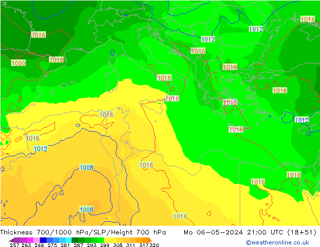 Thck 700-1000 hPa ECMWF Mo 06.05.2024 21 UTC