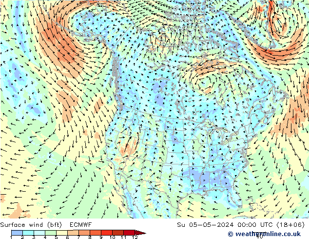 Surface wind (bft) ECMWF Ne 05.05.2024 00 UTC