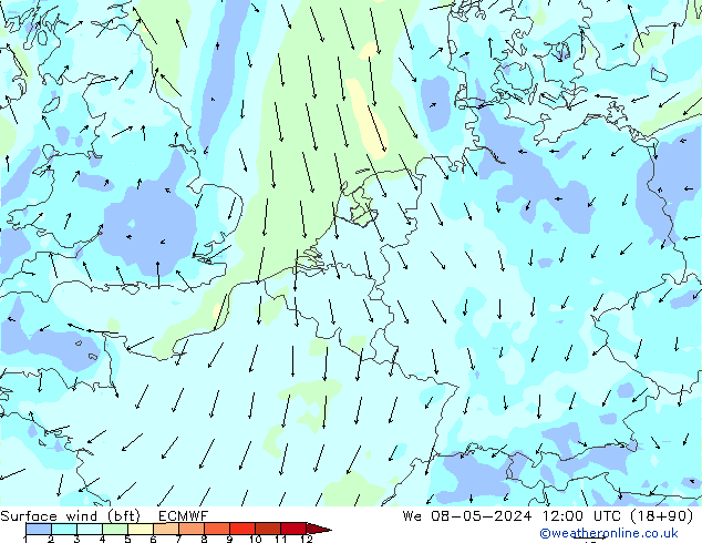 Surface wind (bft) ECMWF We 08.05.2024 12 UTC