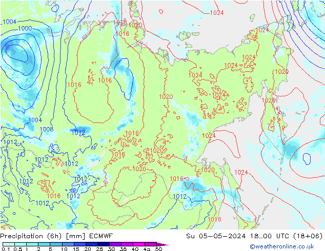 Totale neerslag (6h) ECMWF zo 05.05.2024 00 UTC
