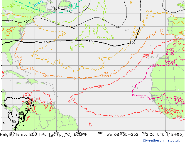 Height/Temp. 850 hPa ECMWF mer 08.05.2024 12 UTC