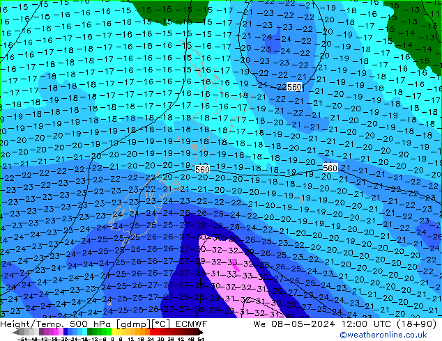 Yükseklik/Sıc. 500 hPa ECMWF Çar 08.05.2024 12 UTC