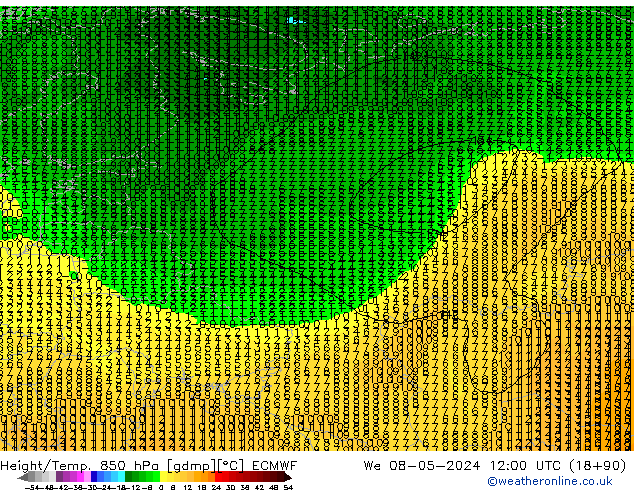 Geop./Temp. 850 hPa ECMWF mié 08.05.2024 12 UTC